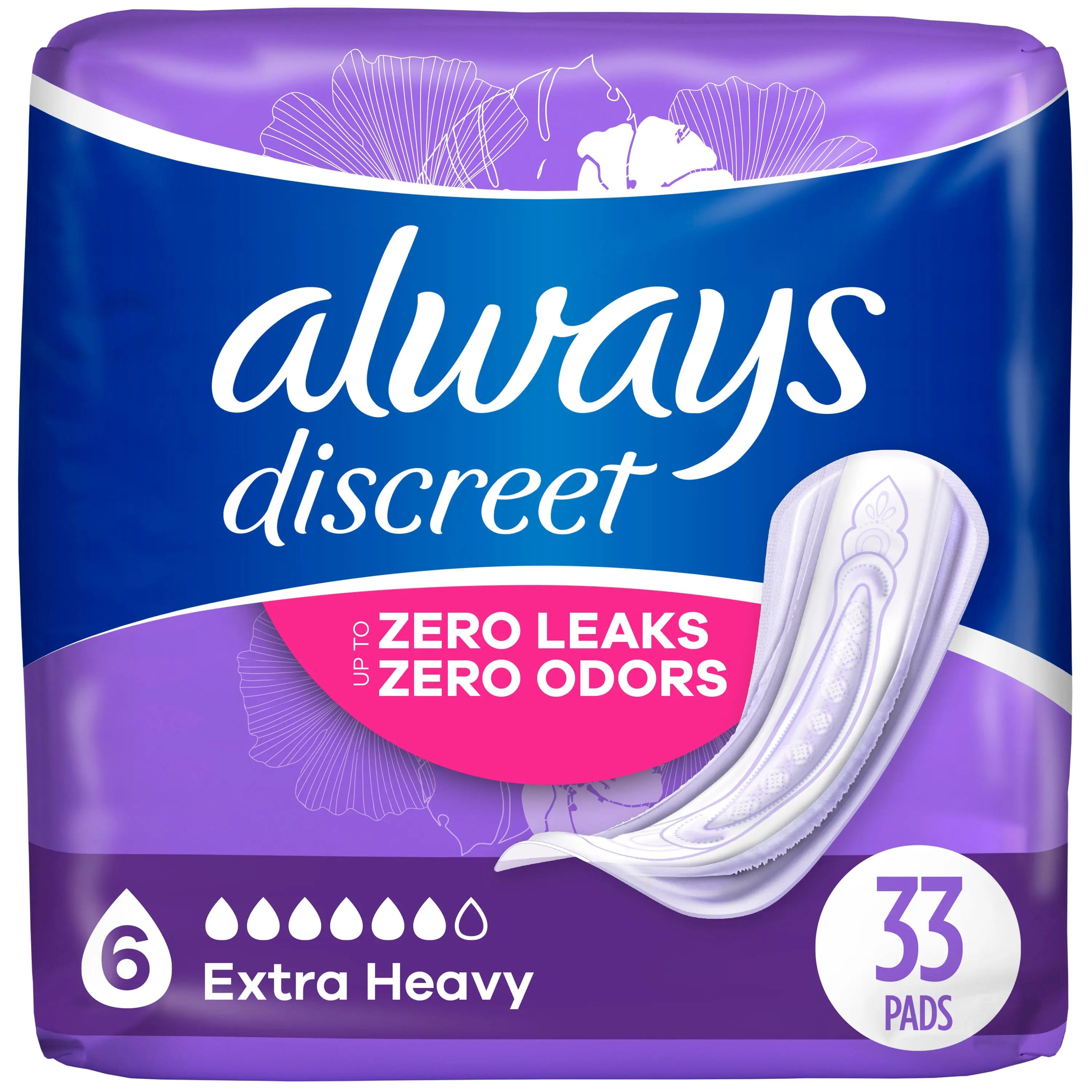 Always Discreet Incontinence Pads, Extra Heavy Absorbency, Regular, 33 Ct packaging
