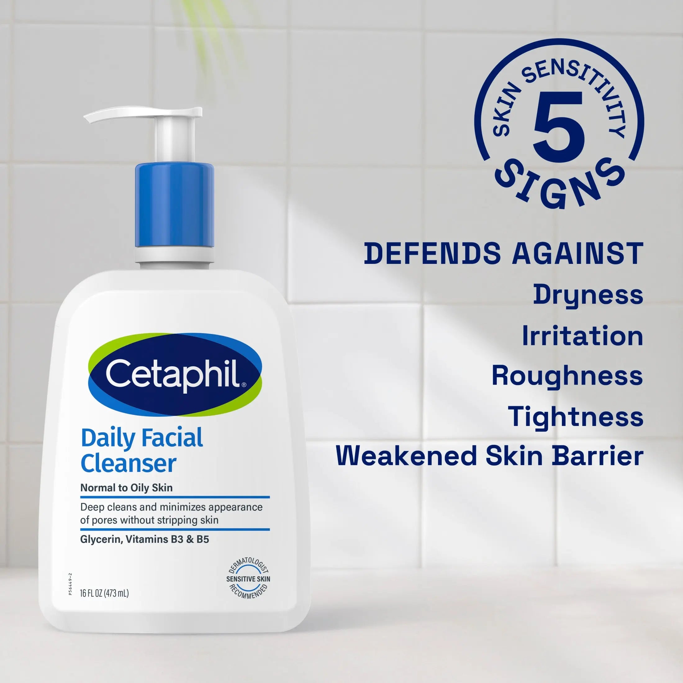 Cetaphil Daily Facial Cleanser bottle next to water and towel