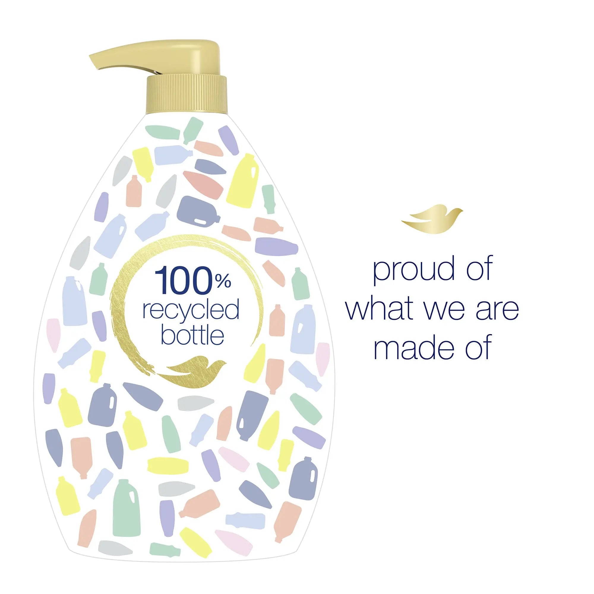 A hand squeezing Dove Pampering Body Wash onto a pouf for a gentle cleanse