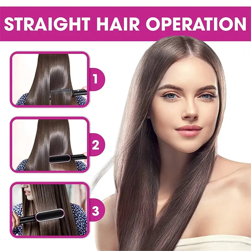 New 2 In 1 Hair Straightener Hot Comb Negative Ion Curling Tong Dual-purpose Electric Hair Brush Adorn Glow