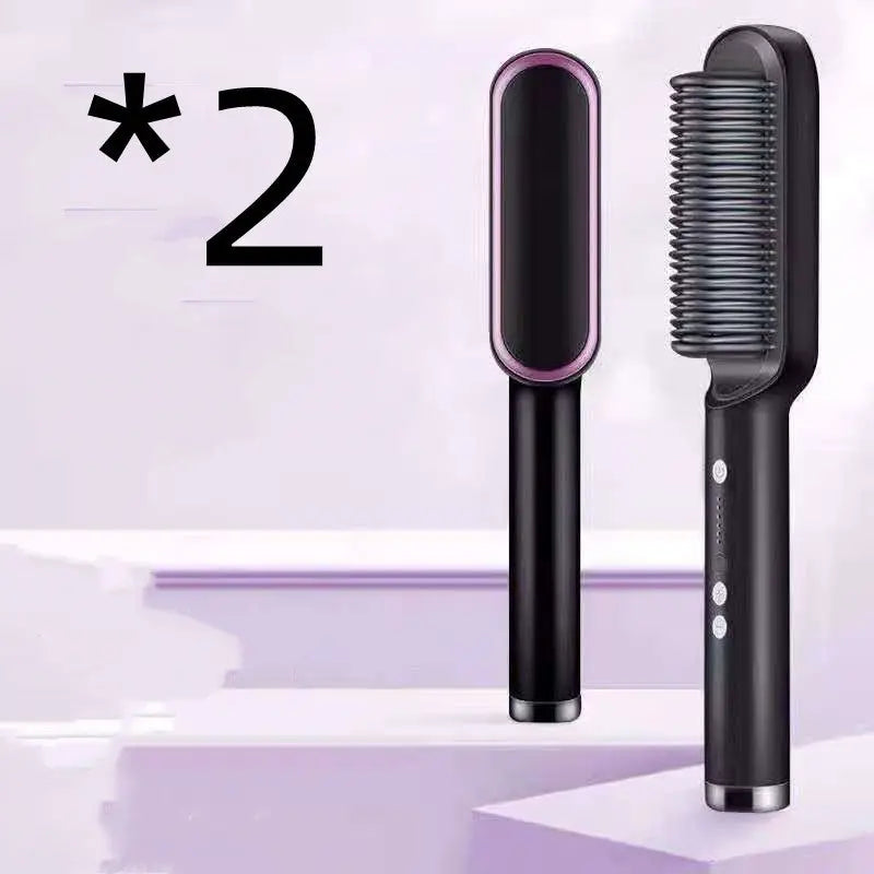 New 2 In 1 Hair Straightener Hot Comb Negative Ion Curling Tong Dual-purpose Electric Hair Brush Adorn Glow