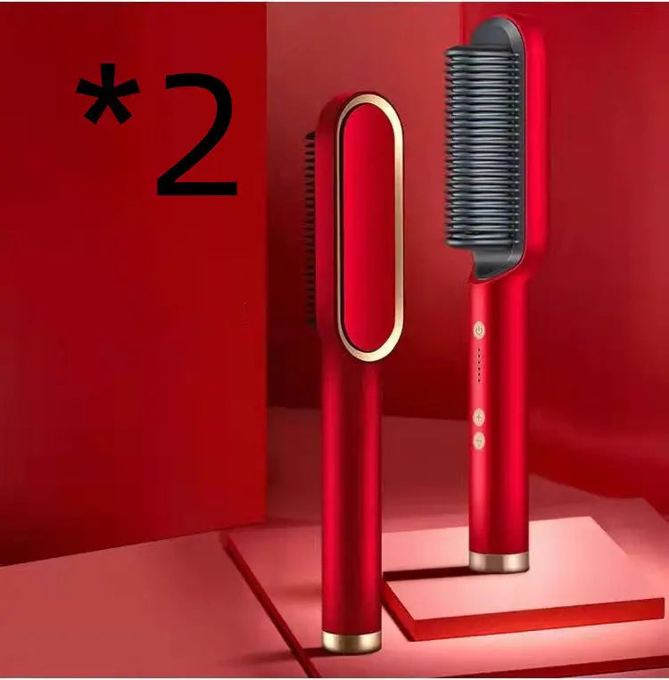 New 2 In 1 Hair Straightener Hot Comb Negative Ion Curling Tong Dual-purpose Electric Hair Brush Adorn Glow