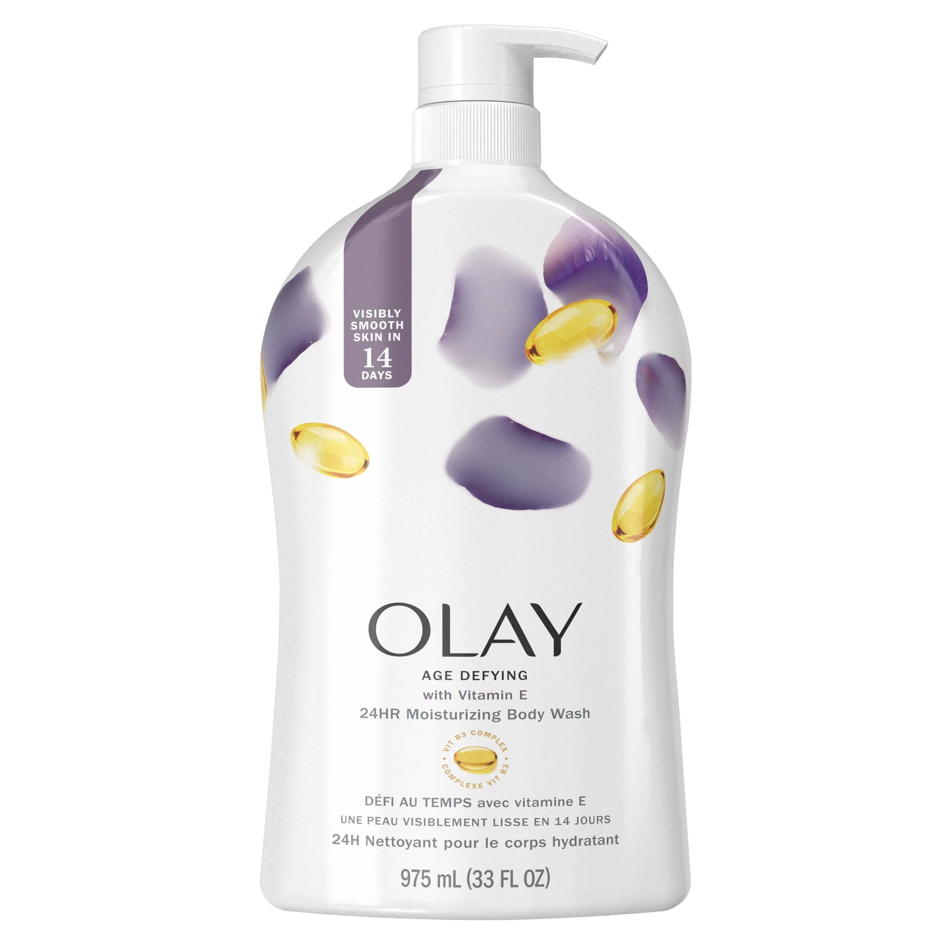 Close-up of Olay Age Defying Body Wash highlighting "Clinically Proven" hydration benefits