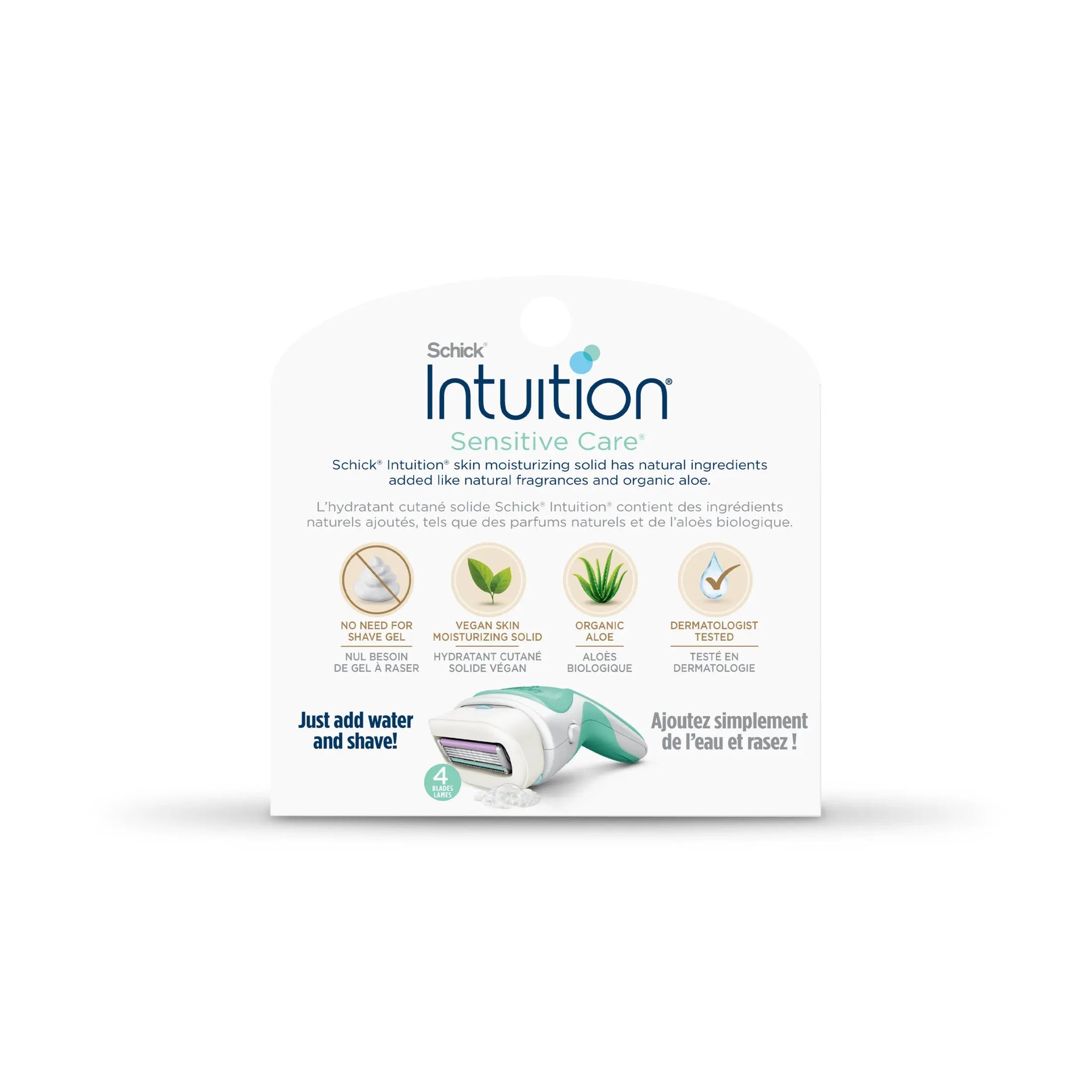 Packaging of Schick Intuition Razor Refills 3-count
