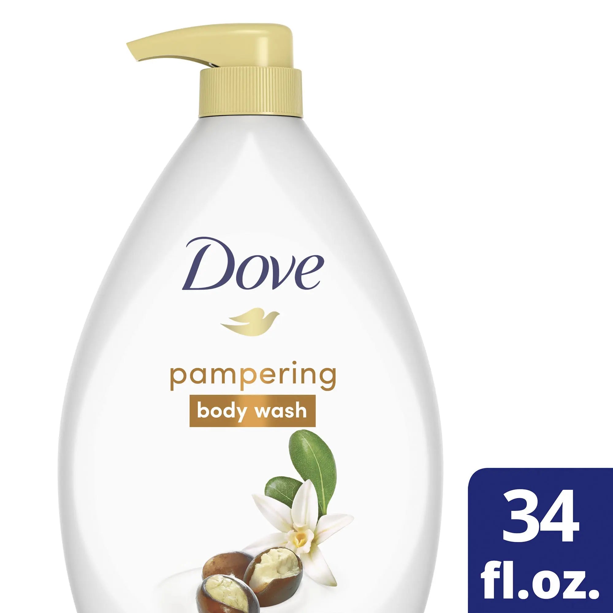 Dove Pampering Shea Butter and Vanilla Body Wash 30 fl oz bottle on a white background
